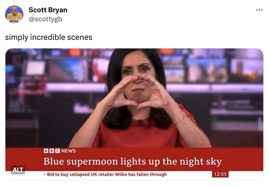 Scott Bryan tweet showing BBC newsreader miming the super moon